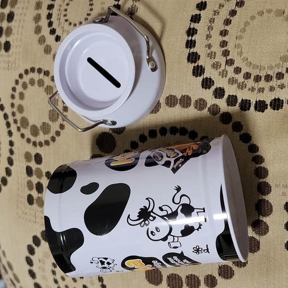 Metal tin container cow themed black n white piggy bank canister - Picture 3 of 6